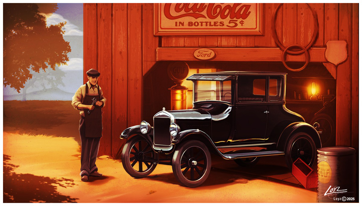 CarlLoyz's tweet image. Ford Model T – From pencil on paper, finished in digital painting. 30 hrs. This is Henry Ford at his barn with his famous car.
#FordModelT #HenryFord #DigitalArt #ConceptArt #Illustration #CarArt #ClassicCars #AutomotiveArt #DrawingToDigital