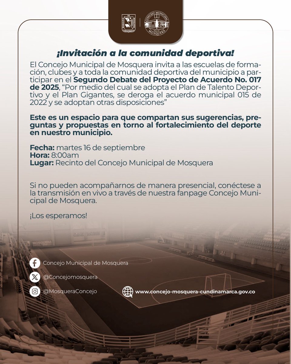 ¡La voz del deporte cuenta!
Invitamos a escuelas de formación, clubes y a la comunidad deportiva de Mosquera al Segundo Debate del Proyecto de Acuerdo 017 de 2025.