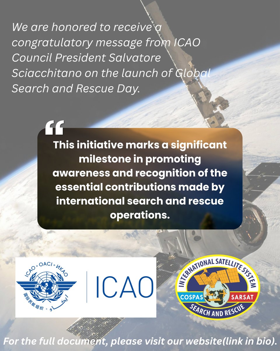 cospas_sarsat's tweet photo. https://t.co/DoVmZLrUqn
#GlobalSARDay
#CospasSarsat
#SearchandRescue
#Humanity
#Satellite
#AviationSafety
#MaritimeSafety
#GlobalCooperation
#SavingLives
#SpaceToEarth
#EmergencyBeacons https://t.co/2OLGh2Bifb