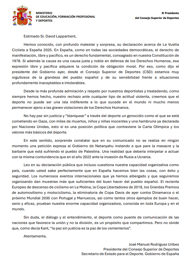 partidazocope's tweet image. 🚨 ÚLTIMA HORA | Comunicado de Uribes, presidente del CSD, hacia el presidente de la UCI

➡️"Blanquear a través del deporte un genocidio contraviene los valores más básicos del deporte"

📻 #PartidazoCOPE
