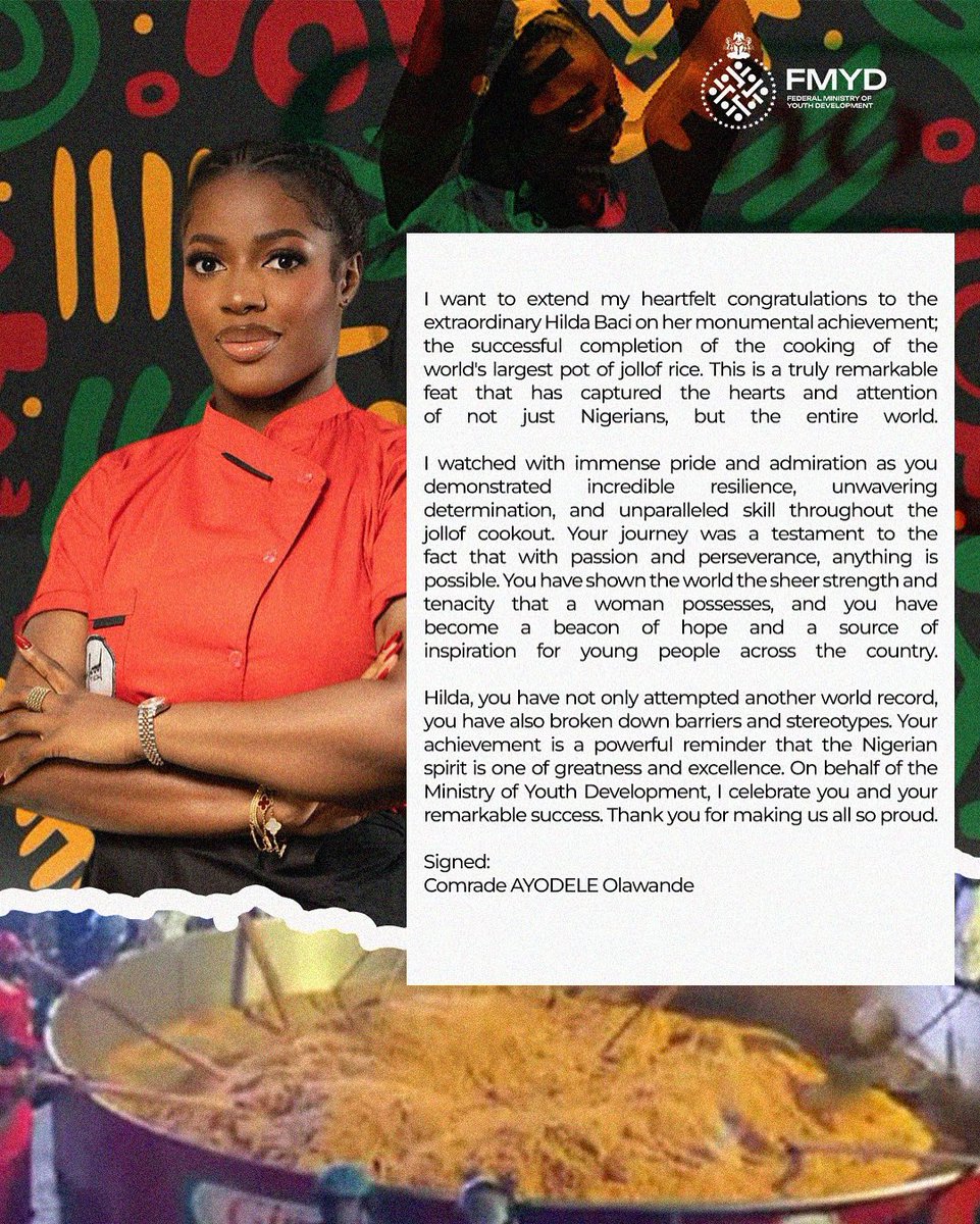 Federal Ministry of Youth Development, Nigeria (@fmydng) on Twitter photo Congratulations, <a href="/hildabacicooks/">Hilda Baci</a> 🎉 Congratulations, <a href="/hildabacicooks/">Hilda Baci</a> 🎉
