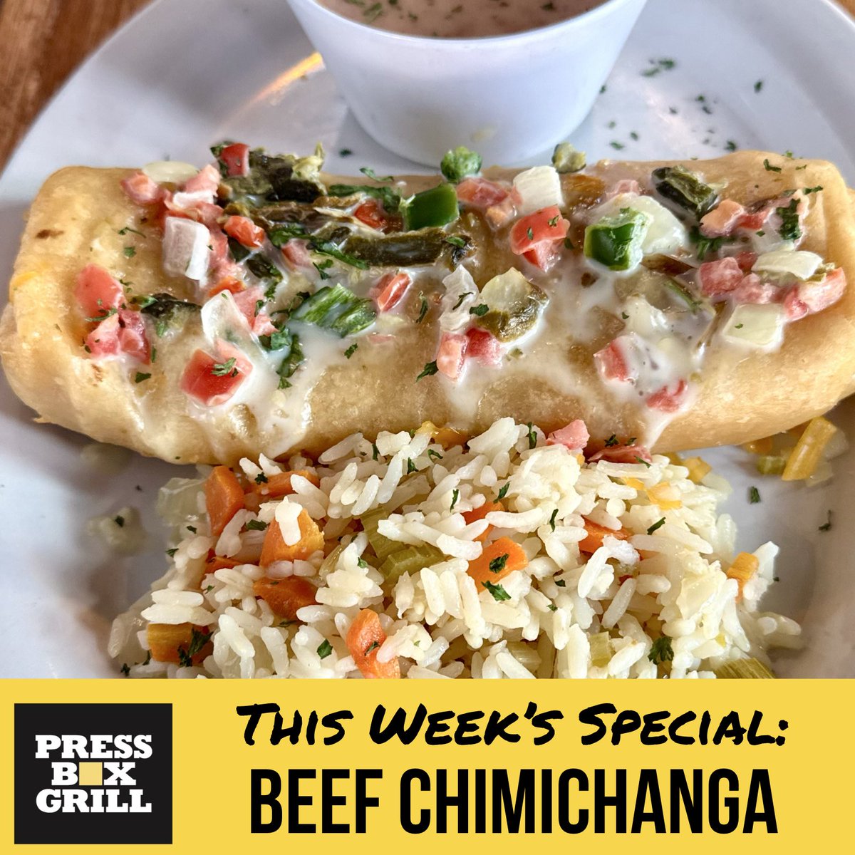pressboxgrill's tweet image. This week’s special is a Beef Chimichanga! 🌯 Seasoned ground beef, pico, and jack cheese rolled into a fried tortilla and topped w/ queso. Served with house made refried beans and rice.
#dallaseats #dallasrestaurants  #dallasfood #downtowndallas #dallas #dallastx #dallastexas