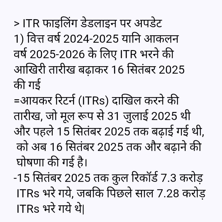 oshorajani's tweet image. ITR फाइलिंग डेडलाइन पर अपडेट
1) वित्त वर्ष 2024-2025 यानि आकलन 
वर्ष 2025-2026 के लिए ITR भरने की 
आखिरी तारीख बढ़ाकर 16 सितंबर 2025
की गई
#FileNow #ITR @IncomeTaxIndia
