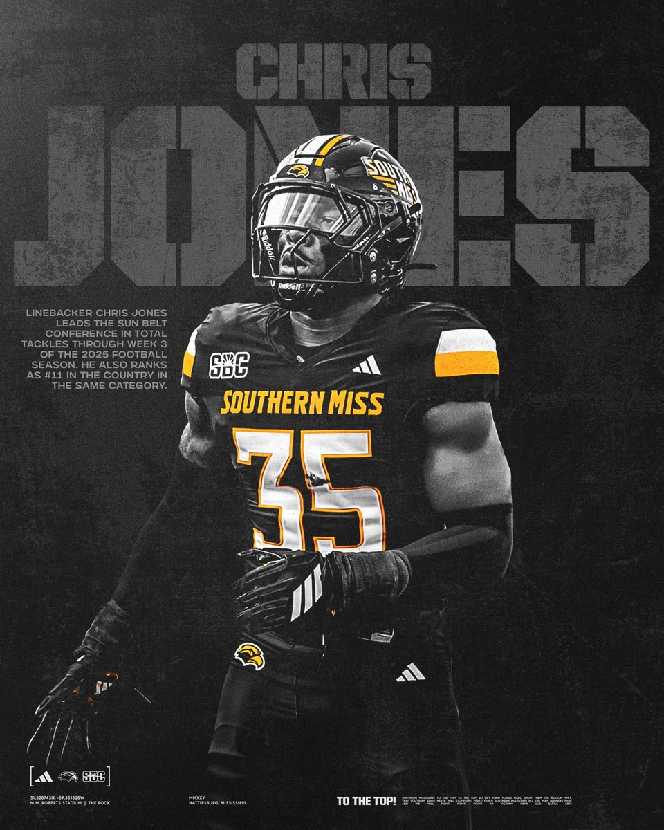 Southern Miss Football (@southernmissfb) on Twitter photo There’s a reason he stayed 🗣️
*Leads the Sun Belt in total tackles
*Ranks 11th in the FBS in total tackles 
<a href="/Jone5hristopher/">CHRIS JONES 💲</a> | #SMTTT There’s a reason he stayed 🗣️
*Leads the Sun Belt in total tackles
*Ranks 11th in the FBS in total tackles 
<a href="/Jone5hristopher/">CHRIS JONES 💲</a> | #SMTTT