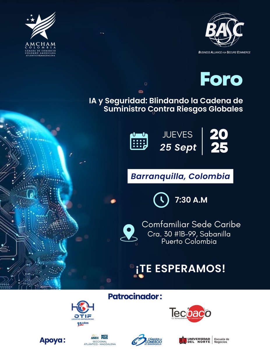 bascbquilla's tweet image. ¡Estamos a 10 días!

Este 25 de septiembre vive una jornada única en el #ForoBASCyAMCHAM: “IA y Seguridad: Blindando la Cadena de Suministro Contra Riesgos Globales”

Aprende de la mano de expertos cómo la inteligencia artificial está revolucionando la seguridad logística.