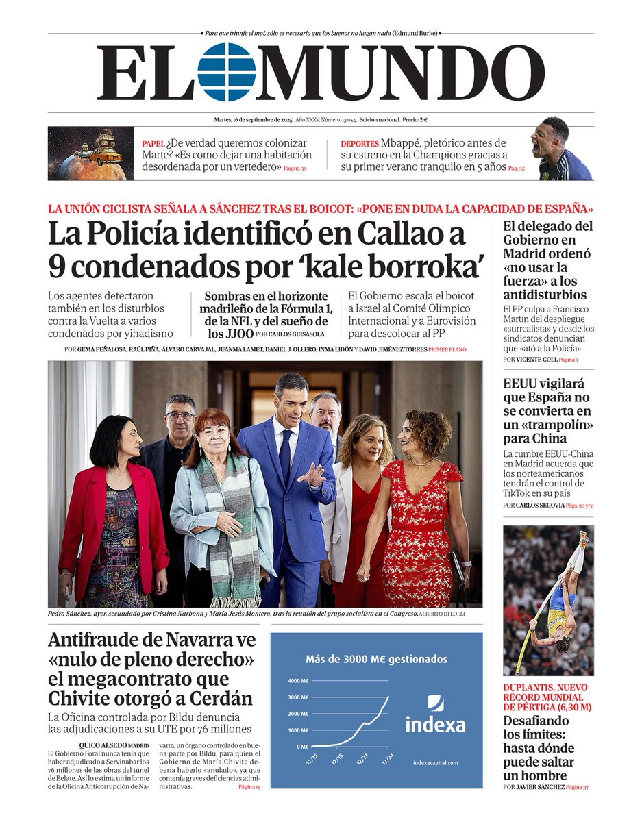📰 Portada de EL MUNDO del martes 16 de septiembre.  

Ya disponible en Orbyt y en la edición digital con la mejor información.
