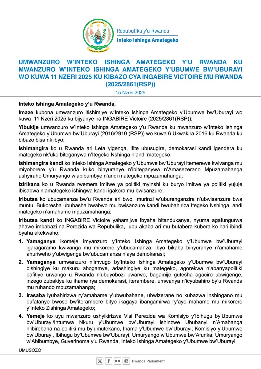 UMWANZURO W’INTEKO ISHINGA AMATEGEKO Y’U RWANDA KU MWANZURO W’INTEKO ISHINGA AMATEGEKO Y’UBUMWE BW’UBURAYI WO KUWA 11 NZERI 2025 KU KIBAZO CYA INGABIRE VICTOIRE MU RWANDA (2025/2861(RSP))