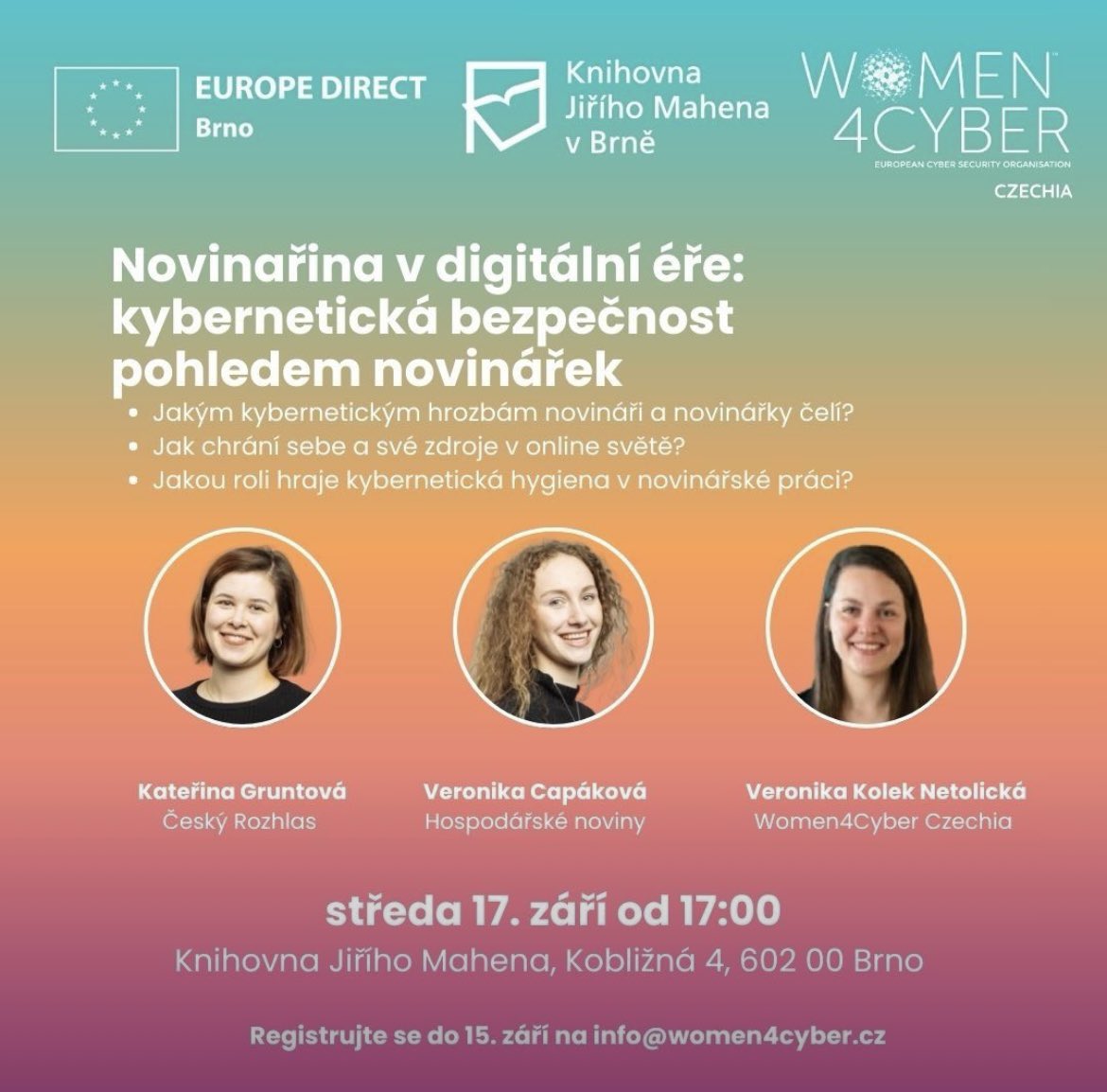 🗣️Na okraj #CyberCon, kterou pořádá <a href="/NUKIB_CZ/">NÚKIB</a> tento týden v Brně, organizujeme ve středu 17. září od 17h #Women4CyberCzechia diskusi s <a href="/KateinaGruntov1/">Kateřina Gruntová</a> z <a href="/CRozhlas/">Český rozhlas</a> a <a href="/VCapakova/">Veronika Capáková</a> z <a href="/hospodarky/">Hospodářské noviny</a> o kybernetické bezpečnosti v novinařině! Registrace na info@women4cyber.cz