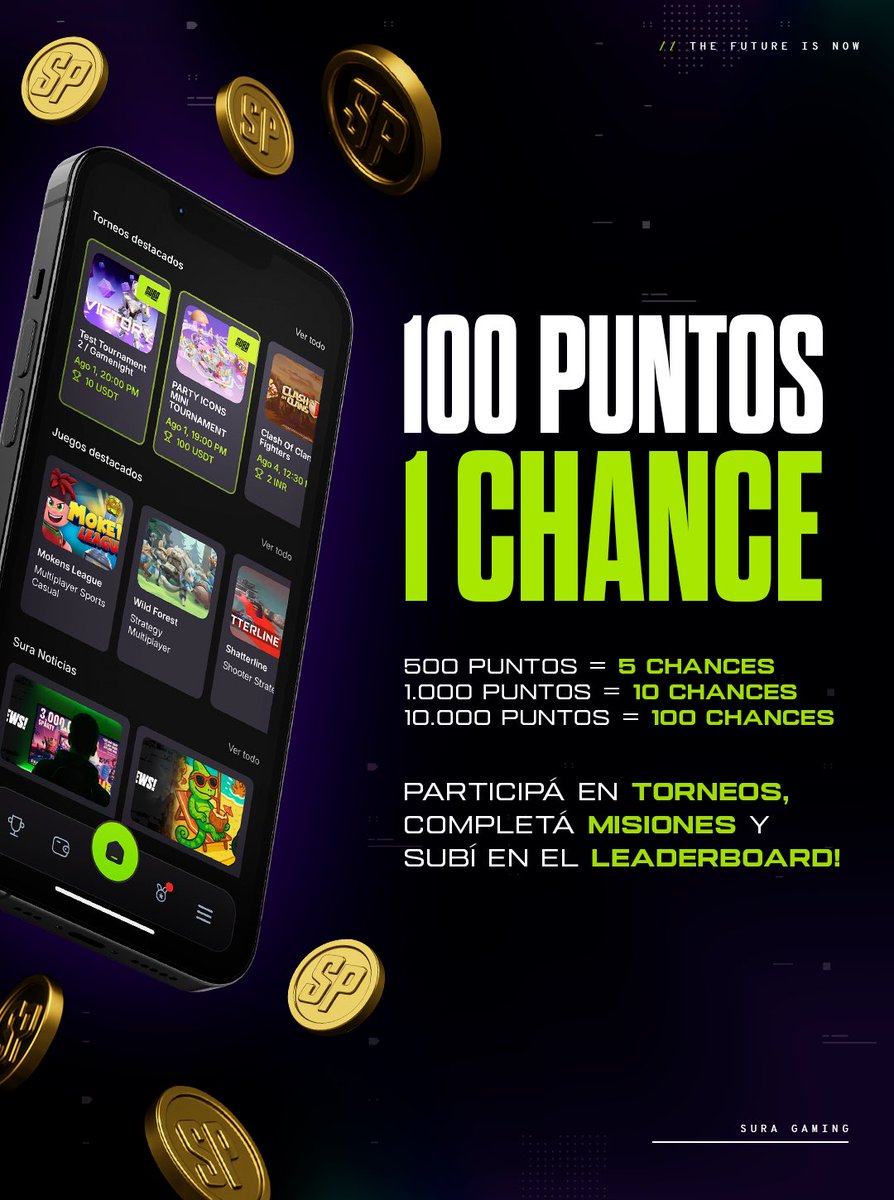 🎮 Mientras más jugás, más chances tenés.
✨ Cada 100 puntos = 1 oportunidad en los sorteos de la Sura App.

🔥 Sumá puntos jugando torneos, completando misiones y escalando en el leaderboard.

🏆 Premios todas las semanas: Gift Cards 💳
🌟 Gran premio del mes: ¡Nintendo Switch