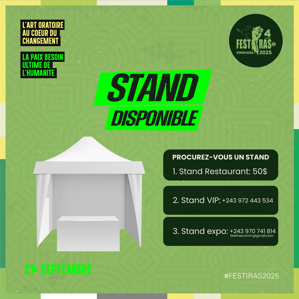Cher exposant,

Vous voulez avoir une visibilité maximale pour votre marque lors de notre prochain événement ? Réservez dès maintenant votre stand !
contactez-nous aux numéros suivants :

+243 972 443 534

+243 970 741 814

Le nombre de places est limité, alors agissez vite !