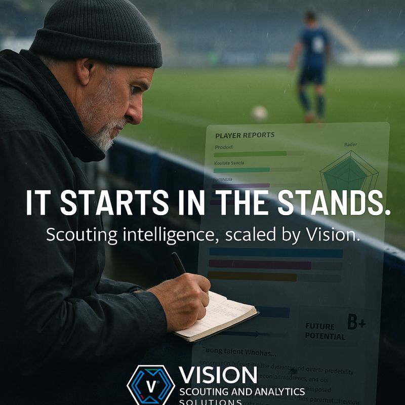 VisionScouting's tweet image. &quot;It Starts in the Stands.&quot; 🏟️

Not all insight starts with a spreadsheet. We deliver real football judgment, sharpened by technology.

Our scouts see what stats miss: body language, bravery, adaptability. This is insight earned, not harvested. It ends with your next great signing