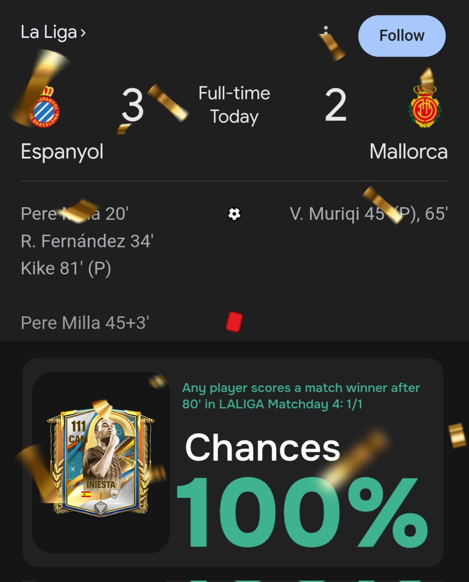 EAFCMobileForum's tweet image. Final Game of the 4th Matchday, Every other team failed but Espanyol didn't, Kike Garcia didn't 

10 man Espanyol makes Iniesta 111 OVR

Scripted by the FCM Gods, Absolute Cinema 🙌

Checkout Iniesta's Live OVR Progress here 👇
🔗 fcmobileforum.com/captains-live-…