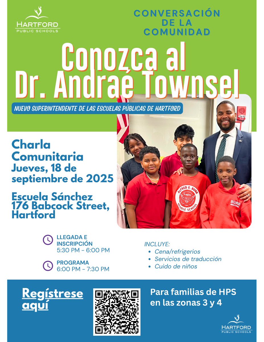 Hartford_Public's tweet photo. Meet our new Superintendent Dr. Andraé Townsel this Thursday, September 18 at 6pm at Sanchez School, located at 176 Babcock Street in Hartford! We are providing dinner and refreshments, language interpretation services, and childcare. Register here TODAY!  https://t.co/6V7vMQaqvW https://t.co/VSoQROtqxj