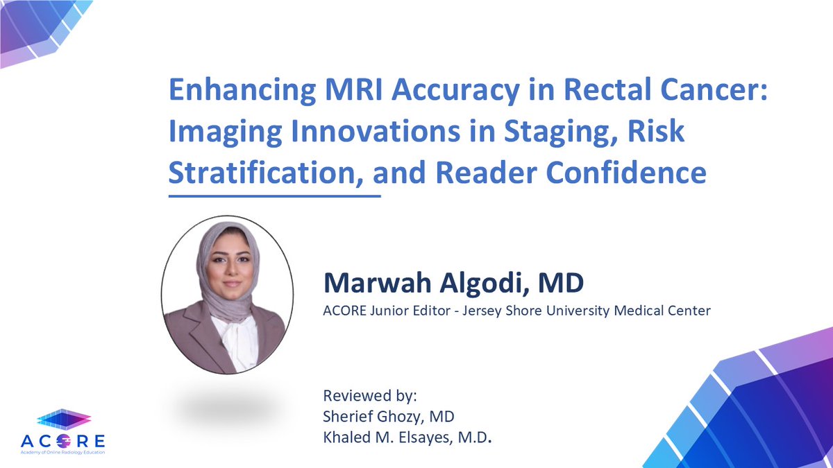 MRI in rectal cancer:
💡 Bisacodyl micro-enema ↑ tumor conspicuity
📊 Structured protocols for staging
🎯 Risk-adapted findings to guide therapy

Marwah Algodi, MD, breaks it down.🔗acoredu.com/mri-advances-i…

#GIImaging #MRI #ACOREdu #ColorectalCancer