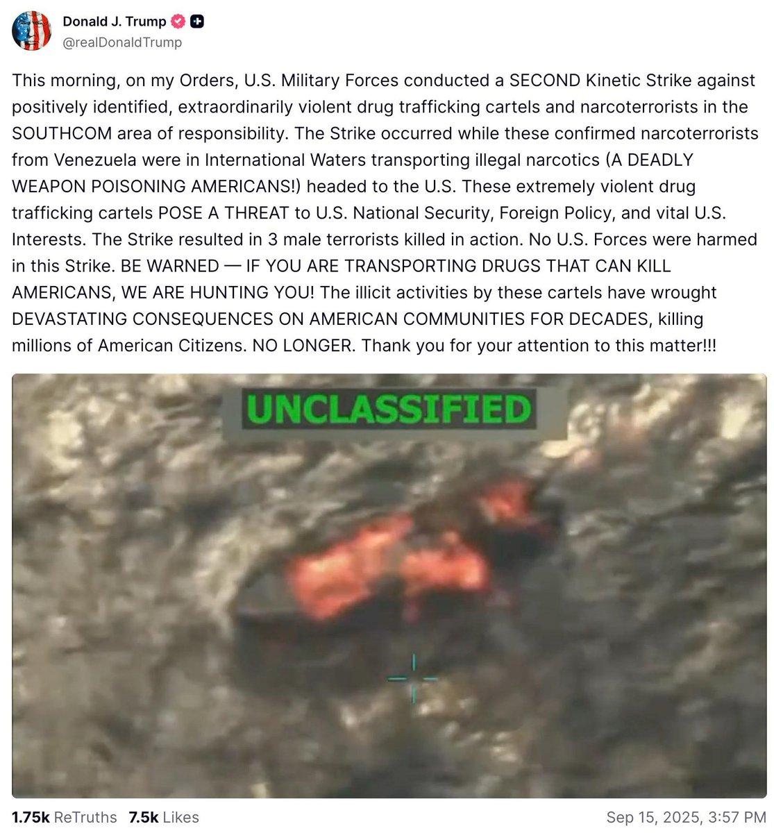 1/ Trump announced a 2nd U.S. strike in the Caribbean on a vessel allegedly carrying drugs, killing 3. As WOLA has noted, lethal force absent self-defense or UN approval violates U.S. &amp; intl law. This could amount to an extrajudicial killing. 🧵