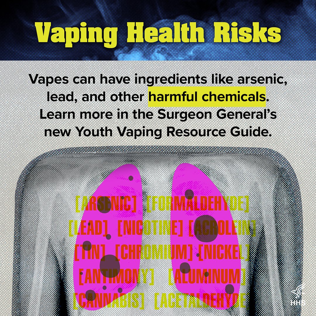 Surgeon_General's tweet image. Vaping ≠ harmless.
☣️ Chemicals like formaldehyde, arsenic, lead, chromium, and nickel are found in vape aerosol.
🫁 They damage lungs.
🧠 They harm developing brains.
📈 They raise cancer risks.
Protect our youth. Share the facts.
#YouthVaping