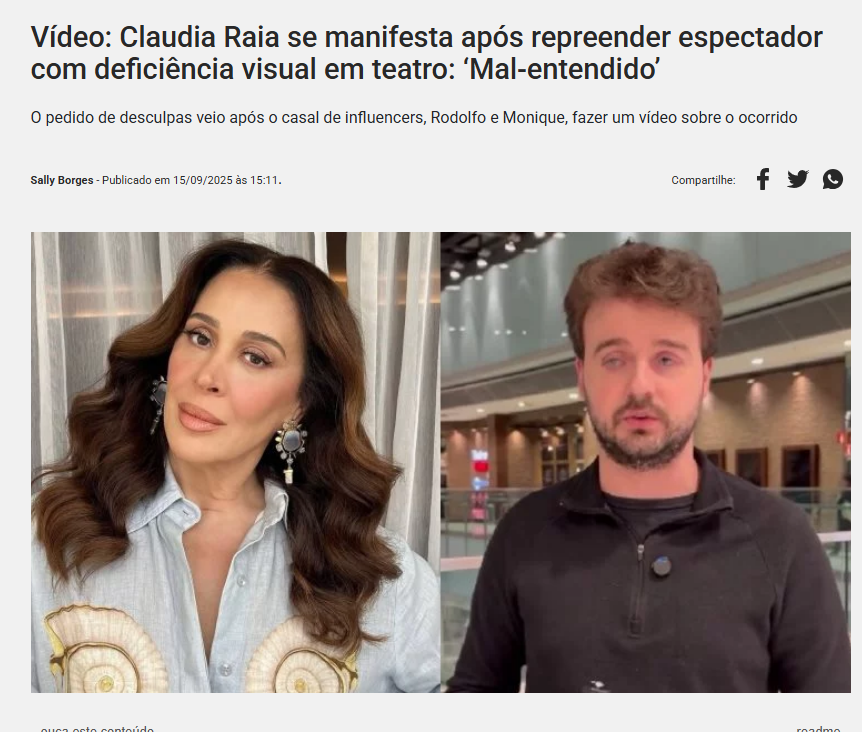 - QUE VERGONHA o moço passou em público, com bronca de Claudia Raia.
- Claudia Raia numa apresentação no Teatro, repreendeu um espectador NA FRENTE DE TODO MUNDO, sem perceber que ele tem deficiência visual, ele estava acessando um aplicativo para deficientes visuais de cabeça