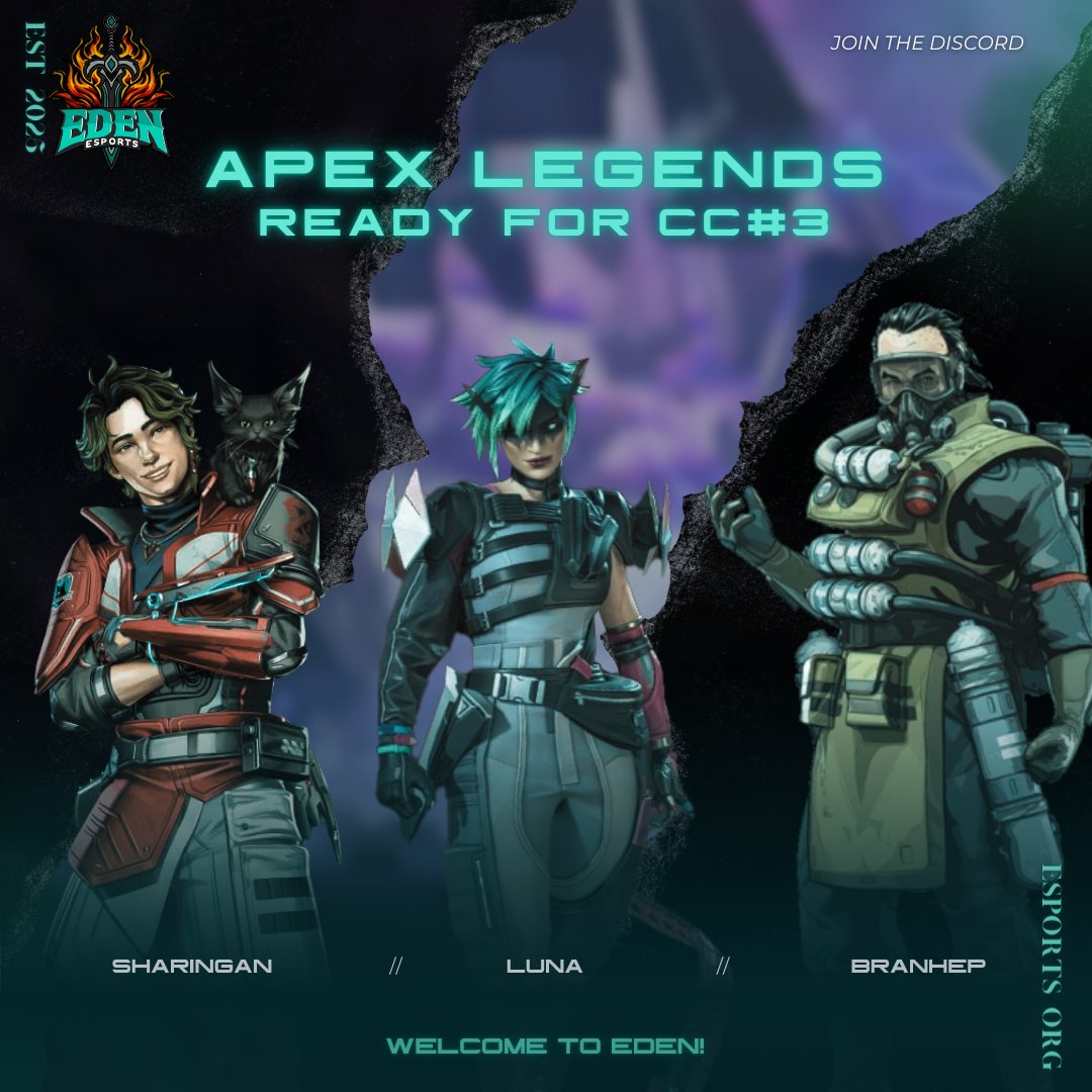 We’re locked, loaded, and ready—our Apex Legends roster is entering CC#3! Let’s make it count. 💪 

<a href="/irlastolfoo/">EDEN Luna</a> <a href="/Sharingan_FPS/">EDEN│Sharingan</a> <a href="/bran_hep/">Brandon Heppenstall</a> 
#ApexLegends #CC3 #Edenesports