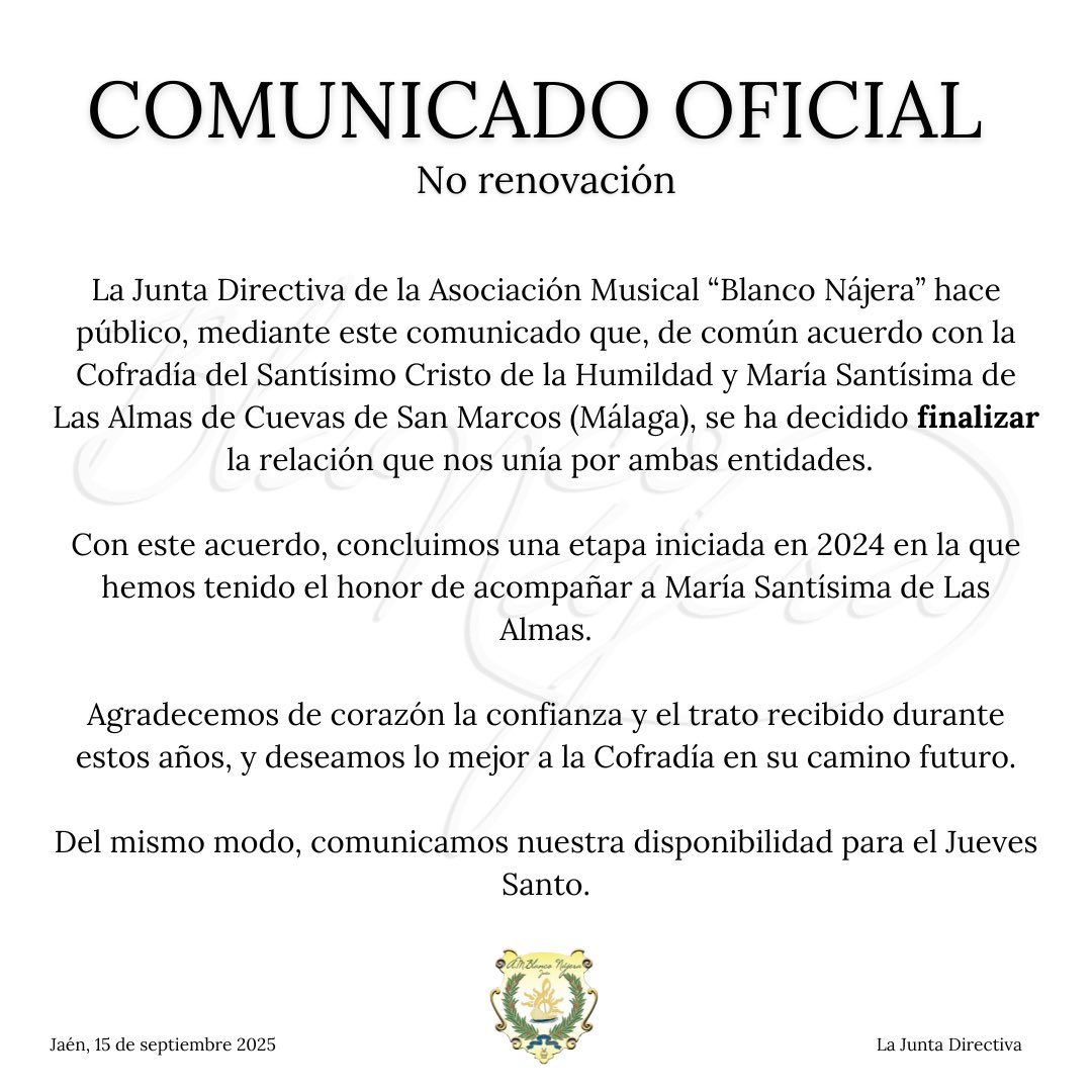 Disponibilidad Jueves Santo.

#BlancoNájera
#FamiliaMusical