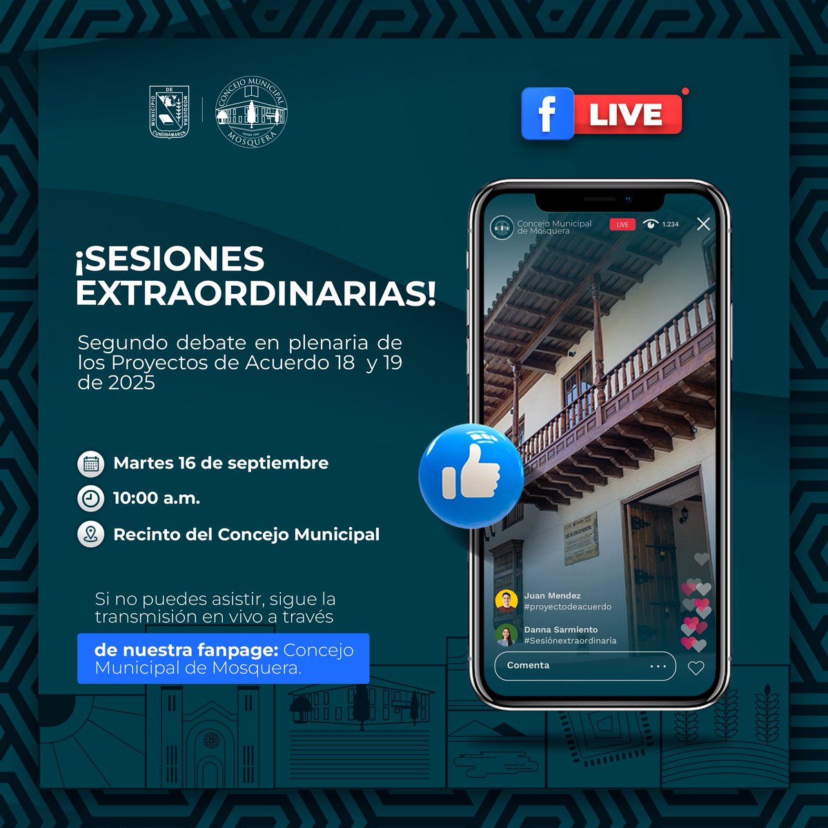 ¡Sesiones Extraordinarias!

Segundo debate en plenaria de los Proyectos de Acuerdo 18  y 19 de 2025

📅 Fecha: martes 16 de septiembre
🕗 Hora: 10:00 a.m.
📍 Lugar: Recinto del Concejo