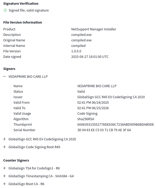 malwrhunterteam's tweet photo. Not as closely related as the above 4 to each other, but still related as signed using the same cert, "ChatGPT_Installer8.0.exe" sample: d86f647f3dfa6a53de7b531cb590636331f83afcea60d4b3d44de5ea3b7d33af https://t.co/HuBWDFyI5G