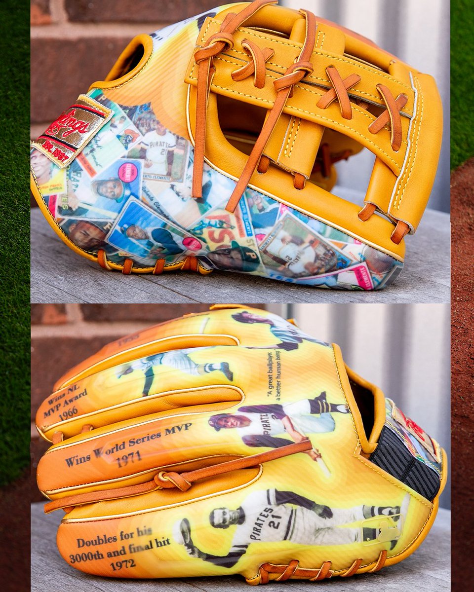 MUST SEE: Francisco Lindor will be using this custom Roberto Clemente glove that features some of his most iconic baseball cards and achievements 💛 #ClementeDay

(📸: <a href="/RawlingsSports/">Rawlings Baseball</a>)