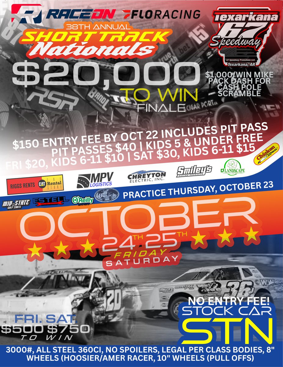 Texarkana67's tweet photo. We are just 6 short weeks away from 67 Speedway of Texarkana's 38th Annual Short Track 410 Sprint Car Nationals!

What would have been the first STN in 2023 at 67 Speedway of Texarkana, was a total washout. Same for 2024. Promoter Tim Crawley stated that a lot of work has been completed in our pits and parking lot in hopes of withstanding some rain, but not the amounts received for the last two events. Mother nature has been on our side for most of this season, and we need mother nature on our side for this year’s Short Track Nationals, Crawley stated.

Drivers that enter before October 22nd will receive a weekend pit pass with their $150 entry fee. After that date, the entry is $150 and will not include a pit pass. Online registration is available at https://t.co/OXL0k6KVy2

INFORMATION:
38th Annual Short Track Nationals presented by D1 Landscape, MPV Express, Riggs Rents of Texarkana, KNP Painting, Mid-State Golf Cars, O’Reilly, Estell Truck Repair, Chreyton Electric, Broach Refrigeration, Smiley’s Racing, Chicken Express, Hoosier Racing Tires, RaceOn and Flo Racing.
67 Speedway of Texarkana (Texarkana, AR). 67 Speedway of Texarkana is located at 16041 US-67 in Texarkana, Arkansas. Exit 7, AR-108, Mandeville.

Friday, October 24th – 38th Annual Short Track preliminary that culminates with a $2,500-to-win feature with the top four locking into the STN finale.

Saturday, October 25th – 38th Annual Short Track Nationals championship finale.

The Mufflers:
Leave them at home, no mufflers are required for this weekend.

The Format:
Friday: Draw in. Single car qualifying. Qualify by group (Heats). Top ___ to A Main. Rest to B’s & C’s. Top 4 lock into Saturday’s A Main and $1,000 to win Pole Shuffle Dash for Cash.
Saturday: Carry over accumulated points from Friday to line up for single qualifiers. 15 laps each. Top 2 in points joins Friday nights top two in the Pack’s Pole Shuffle Dash for Cash. Top 12 in points from Saturday transfers to the A Main. Rest of the field will go into the B & C Mains to set the 20-car feature field.

The Feature Purse:
October 24th, STN Preliminary: 1st - $2,500, 2nd - $1,500, 3rd - $1,000, 4th - $800, 5th - $700, 6th - $600, 7th - $500, 8th - $400, 9th - $300, 10th - $250, 11th - $250, 12th - $250, 13th - $250, 14th - $250, 15th - $250, 16th - $250, 17th - $250, 18th - $250, 19th - $250, 20th - $250.
October 25th, STN Finale: 1st - $20,000, 2nd - $10,000, 3rd - $5,000, 4th - $2,500, 5th - $2,000, 6th - $1,500, 7th - $1,450, 8th - $1,400, 9th - $1,350, 10th - $1,300, 11th - $1,250, 12th - $1,200, 13th - $1,150, 14th - $1,100, 15th - $1,000, 16th - $1,000, 17th - $1,000, 18th - $1,000, 19th - $1,000, 20th - $1,000.

The Past Winners:
2024-Rained Out
2023-Rained Out
2022-Sam Hafertepe, Jr.
2021-Blake Hahn
2020–Sam Hafertepe, Jr.
2019-Blake Hahn
2018-Blake Hahn
2017-Sammy Swindell
2016-Sammy Swindell
2015-Rained Out
2014-Christopher Bell
2013-Sammy Swindell
2012-Paul McMahan
2011-Sammy Swindell
2010-Brad Sweet
2009-Tony Bruce, Jr.
2008-Tony Bruce, Jr.
2007-Jason Meyers
2006-Jason Johnson
2005-Tim Montgomery
2004-Gary Wright
2003-Gary Wright
2002-Paul McMahan
2001-Jason Sides
2000-Mike Ward
1999-Gary Wright
1998-Tim Crawley
1997-Wayne Johnson
1996-Pete Butler
1995-Gary Wright
1994-Terry Gray
1993-John Gerloff
1992-Rained Out
1991-Steve Kinser
1990-Sammy Swindell
1989-Steve Kinser
1988-Steve Kinser

The Tickets:
Grandstands are $20 on Friday and $30 on Saturday. Military with ID will be $15 on Friday and $25 on Saturday. Must present ID. Kids 6-11 are $10 on Friday and $15 on Saturday and 5 & under free. Tickets can be purchased online at https://t.co/HIJGH4HrCV and at the gate. Cards are accepted at the main gate.
Pit passes are $40. Kids 5 & under free. Drivers pit pass for the weekend is included in the $150 entry fee if submitted by the deadline.

In addition to our Sprint Cars, we are adding a “STOCK CAR SHORT TRACK NATIONALS” this year. NO ENTRY FEE!

3000 pounds, All Steel 360CI, Legal 2 Barrell, No Spoilers, Legal Per Class Bodies. American Racers & Hoosiers G-60 (8” Wheels), Pull Offs (10” Wheel Max) Groove, Grind, Sipe Legal.
The Stock Car Feature Purse:
October 24th, Feature: 1st - $500, 2nd - $300, 3rd - $200, 4th - $150, 5th - $125, 6th - $110, 7th - $90, 8th - $85, 9th - $80, 10th - $75, 11th - $75, 12th - $75, 13th - $75, 14th - $75, 15th - $75, 16th - $75, 17th - $75, 18th - $75, 19th - $75, 20th - $75.
October 25th, Finale: 1st - $750, 2nd - $450, 3rd - $300, 4th - $150, 5th - $125, 6th - $110, 7th - $90, 8th - $85, 9th - $80, 10th - $75, 11th - $75, 12th - $75, 13th - $75, 14th - $75, 15th - $75, 16th - $75, 17th - $75, 18th - $75, 19th - $75, 20th - $75.
The Broadcast:
If you can’t make it to the STN to catch all of the action in person, you can catch it all live on https://t.co/Y2ZaEINmRu or https://t.co/caV87fTG69.
Lodging: (Call and ask for the 67 Speedway Race Rate)
Holiday Inn (870-216-2000)
5200 Convention Plaza Drive, Texarkana
$95 night + tax | https://t.co/CWKFOdWugE
Hampton Inn (870-774-4267)
5302 Crossroads Parkway, Texarkana
$99 Singles / $109 Doubles + tax
Best Western Plus (870-774-1534)
5219 Crossroads Parkway, Texarkana
$85 Singles / $90 Doubles + tax
Holiday Inn Express (870-216-0083)
5210 Crossroads Parkway, Texarkana
$75 Singles / $79 Doubles + tax
For more information regarding 67 Speedway of Texarkana’s Short Track Nationals, check at https://t.co/Q8HEO1W1dw or the tracks Facebook & Twitter pages.