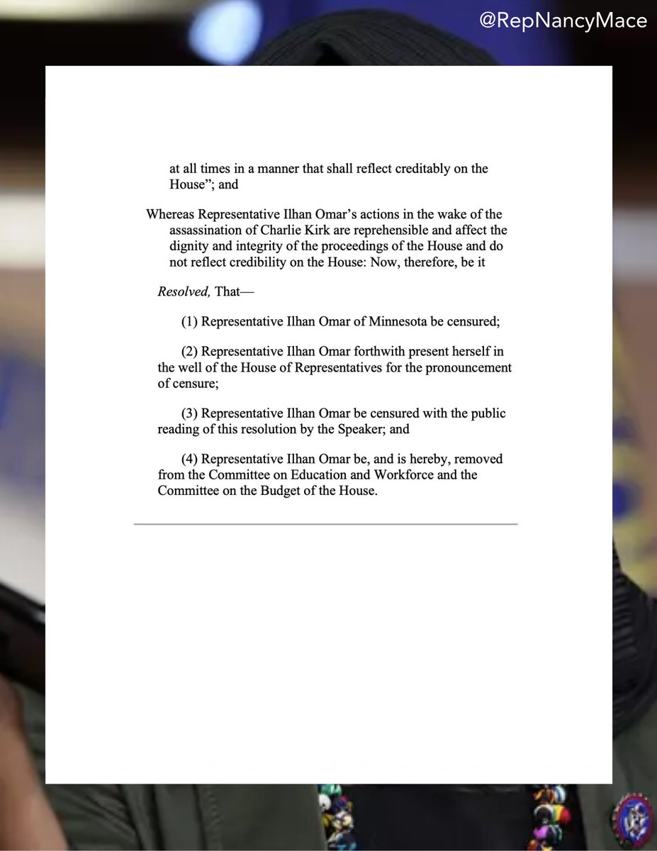 Rep. Nancy Mace (@repnancymace) on Twitter photo 🚨BREAKING: We’re filing a resolution to strip <a href="/Ilhan/">Rep. Ilhan Omar</a> of her committee assignments after her disgraceful remarks on Charlie Kirk’s assassination. 🚨BREAKING: We’re filing a resolution to strip <a href="/Ilhan/">Rep. Ilhan Omar</a> of her committee assignments after her disgraceful remarks on Charlie Kirk’s assassination.