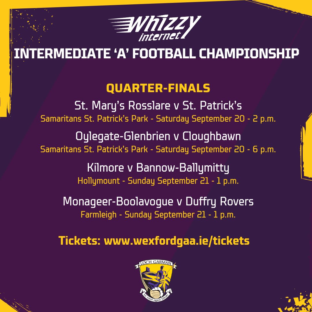 OfficialWexGAA's tweet image. Knockout football begins next weekend in the @WhizzyInternet Intermediate &apos;A&apos; Football Championship, and here are the details for the quarter-finals.

Adult/Student/OAP tickets available via wexfordgaa.ie/tickets/ and also in participating SuperValu &amp;amp; Centra stores. Free for…