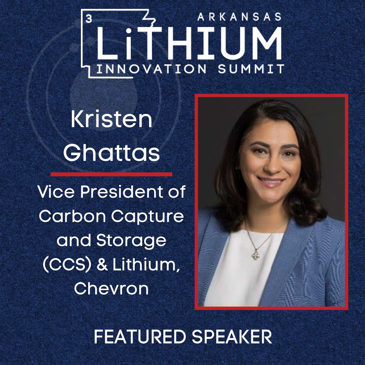 📣 Featured Speaker Announcement 📣

Kristen Ghattas, Vice President of Carbon Capture and Storage (CCS) &amp; Lithium at Chevron, will be a featured speaker at the 2025 Arkansas Lithium Innovation Summit.

Purchase tickets here: ArkansasLithiumSummit.com

#ALIS2025