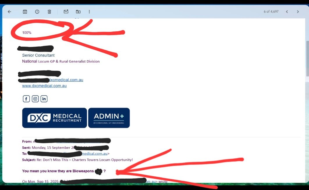 💥💥💥EXPLOSIVE AUSTRALIAN LEAK💥💥💥 By medical recruiter that the C19 injections are a Bioweapon.

During a communication yesterday to a Doctor regarding an available position, during which the Doctor expressed concern over Booster requirements for the position, an Australian