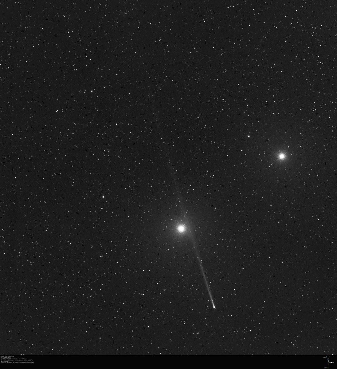 A new comet, recently discovered, with its perihelion on September 12, 2025. The tail is truly impressive - its length is at least 5 degrees!
Ladies and gentlemen, this is C/2025 R2 (SWAN)!

Comet C/2025 R2 (SWAN)
2025 Sep. 14.99 UT  m1=6.9: Dia.=&amp;3.0' Tail=5 deg in PA 116 deg...