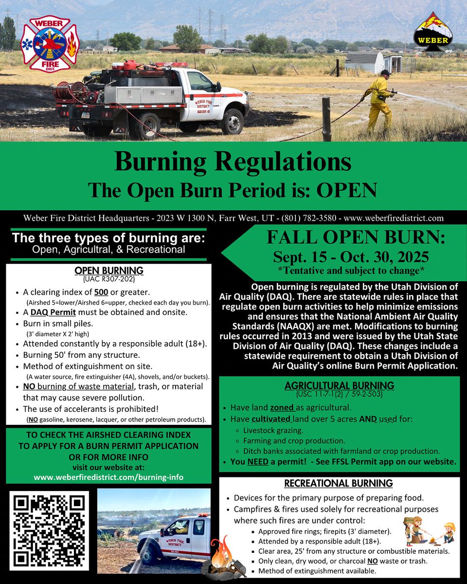 🔥 FALL 2025 OPEN BURN: Permit required. Burn only when Airshed Index (5/6) is 500+. Check each day. Small piles, 50+ ft from structures, clean yard waste only, NO trash, NO accelerants. Out before dark. For more info. visit: weberfiredistrict.com