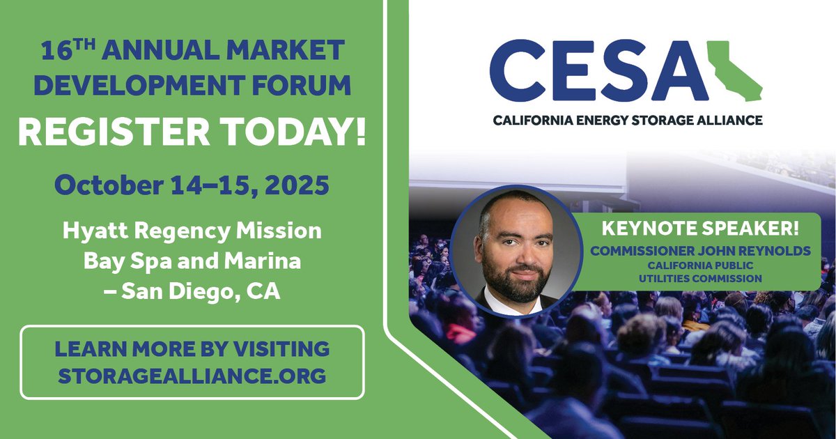 We’re pleased to welcome CPUC Commissioner John Reynolds as a keynote speaker at the MDF, Oct 14–15 in San Diego. Bring your team and connect with regulators, utilities, CCAs, developers, and investors.

storagealliance.org/mdf2025

#EnergyStorage #CESAMDF #CleanEnergy #California