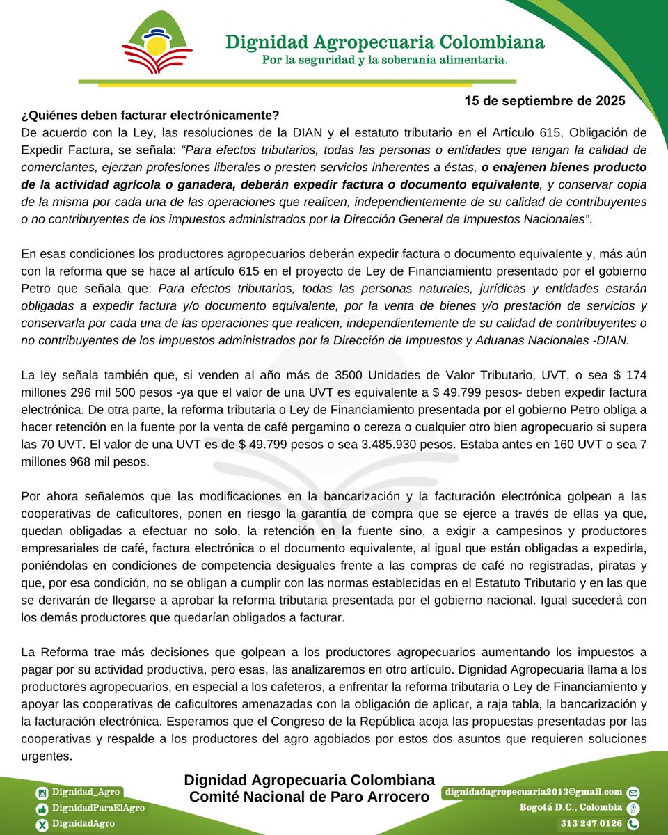 ATENCIÓN CAFICULTORES Y PRODUCTORES AGROPECUARIOS

Dos temas urgentes nos afectan directamente:

🚨 Modificaciones en Bancarización 
🚨 Facturación Electrónica Obligatoria

Estos cambios están perjudicando gravemente a las cooperativas de caficultores, obligándolas a exigir y
