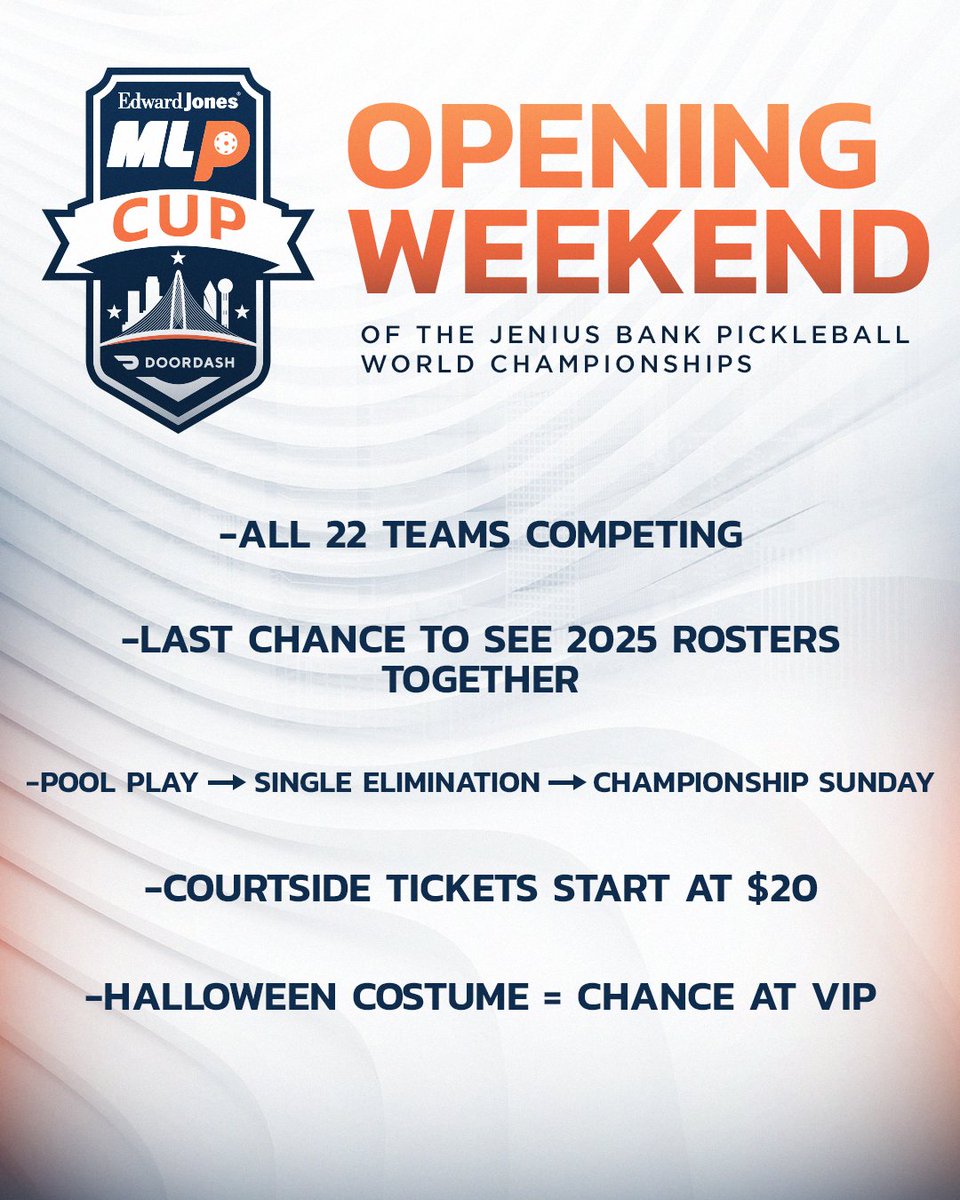 The Edward Jones MLP Cup kicks off Oct 31 – Nov 2!🙌

Opening weekend of the Jenius Bank Pickleball World Championships! @pickleball96004

🔥 22 teams competing
🔥 Courtside tix from $20
🔥 $50K prize purse

🎟️ Tickets → majorleaguepickleball.co/events-2025/ml…