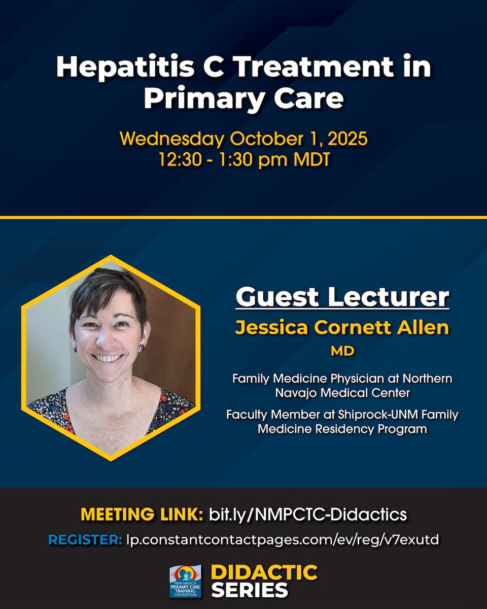 NMPCTC's tweet photo. Join us for "Hepatitis C Treatment for Primary Care," with Dr. Jessica Cornett Allen!

📅 Wednesday, Oct. 1 at 12:30 pm MDT

Register now 🔗: https://t.co/dt9WNJc4mC

#HepatitisC #HepatitisCare #AcademicMedicine #MedEd #ResidencyTraining #PrimaryCare #FamilyMedicine #NewMexico https://t.co/npXJMrC0oZ