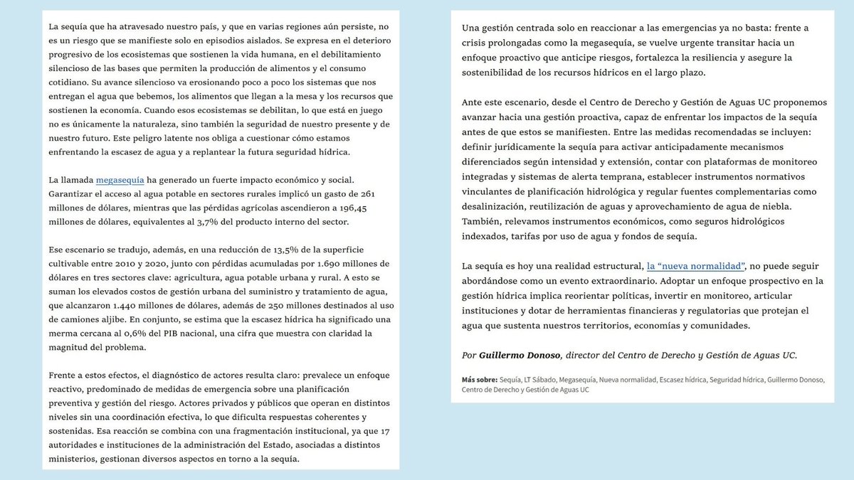 Compartimos la columna de nuestro director, Guillermo Donoso, publicada en <a href="/laterceracom/">La Tercera</a> , llamada “Cambio de paradigma en la seguridad hídrica: de gestionar crisis a prevenirlas”.

Entre otros temas, detalla el impacto económico y social de esta crisis.
📝latercera.com/opinion/notici…