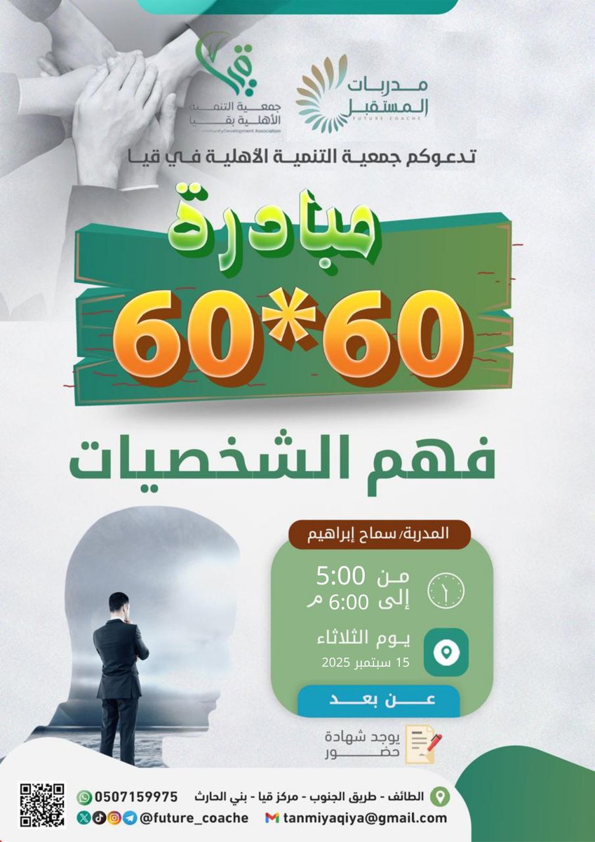 future_coache's tweet photo. 🌹ندعوكم لحضور مبادرة 60*60 
🔻لقاء 47 /   فهم الشخصيات   
🎙️المدربة/  سماح ابراهيم     
🗯️اليوم الثلاثاء
📅 16 / 9/ 2025
🕰️ 5 م  إلى 6 م .   
🔻يوجد شهادة حضور مجانيه من جمعية التنمية الاهلية بقيا
⁧#تطوع  #الشخصية ⁧#دورات_تدريبية https://t.co/SNnIG3k0tD