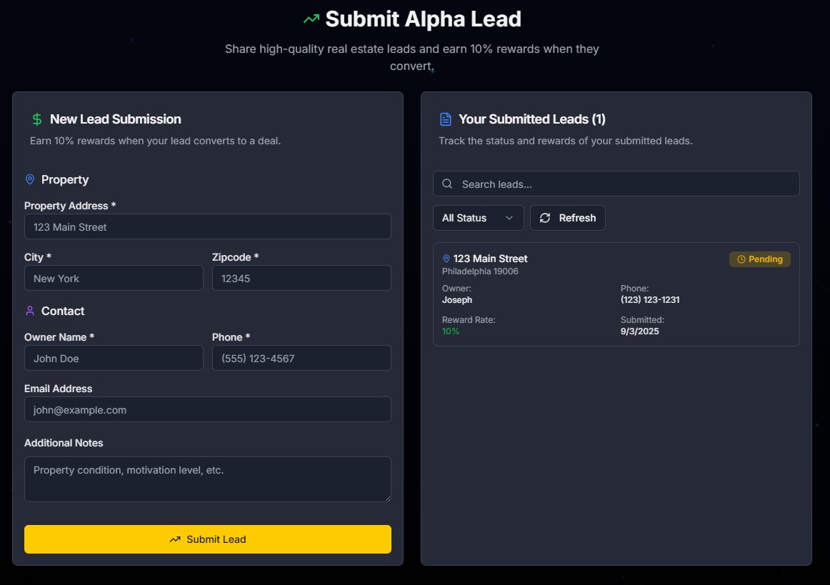 Don't forget submit your leads through our platform. 

REI AI agent then analyze, validate, and enhance these leads with comprehensive market data before routing them to qualified investors in the specific territory. 

When deals close, commissions flow automatically to lead