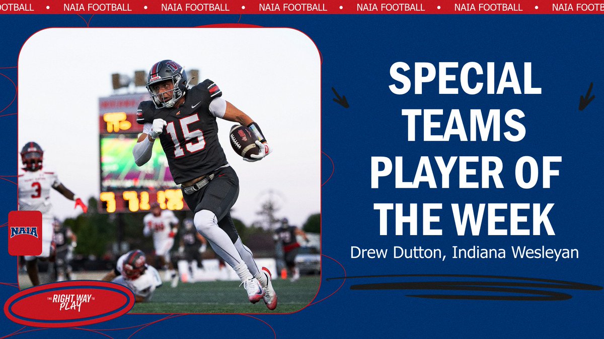 NAIA (@naia) on Twitter photo 🏈
2⃣ house calls in the same game for Drew Dutton, etching his name in the <a href="/IWUWildcats/">Indiana Wesleyan University Wildcats</a> record book and earning #NAIAFootball Special Teams Player of the Week.
➡️ naia.prestosports.com/x/r9pzc
#TheRightWayToPlay 🏈
2⃣ house calls in the same game for Drew Dutton, etching his name in the <a href="/IWUWildcats/">Indiana Wesleyan University Wildcats</a> record book and earning #NAIAFootball Special Teams Player of the Week.
➡️ naia.prestosports.com/x/r9pzc
#TheRightWayToPlay