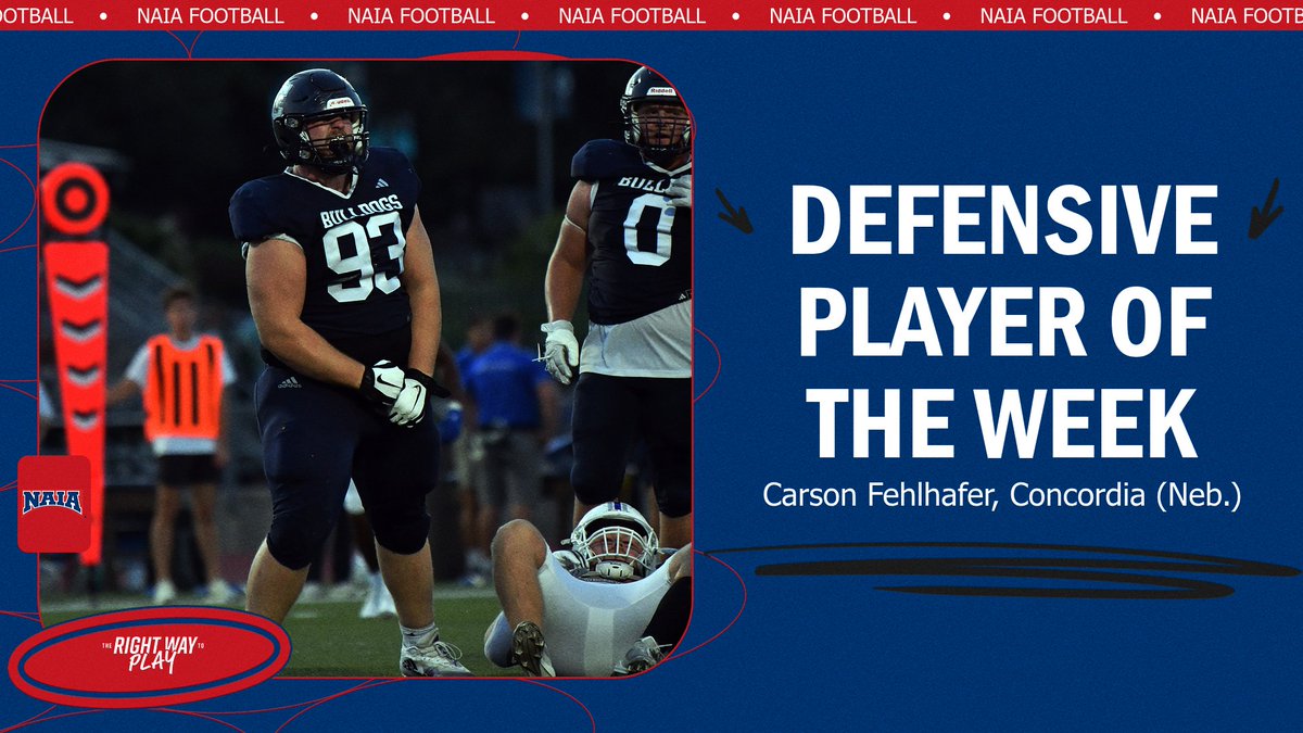 🏈
<a href="/cunebulldogs/">Concordia Bulldogs</a> D-Lineman Carson Fehlhafer piled up 13 tackles, seven for loss, four sacks, two blocked kicks and three quarterback hurries against Dakota Wesleyan to earn #NAIAFootball Defensive Player of the Week.
➡️ 
naia.prestosports.com/x/kdq4h
#TheRightWayToPlay
