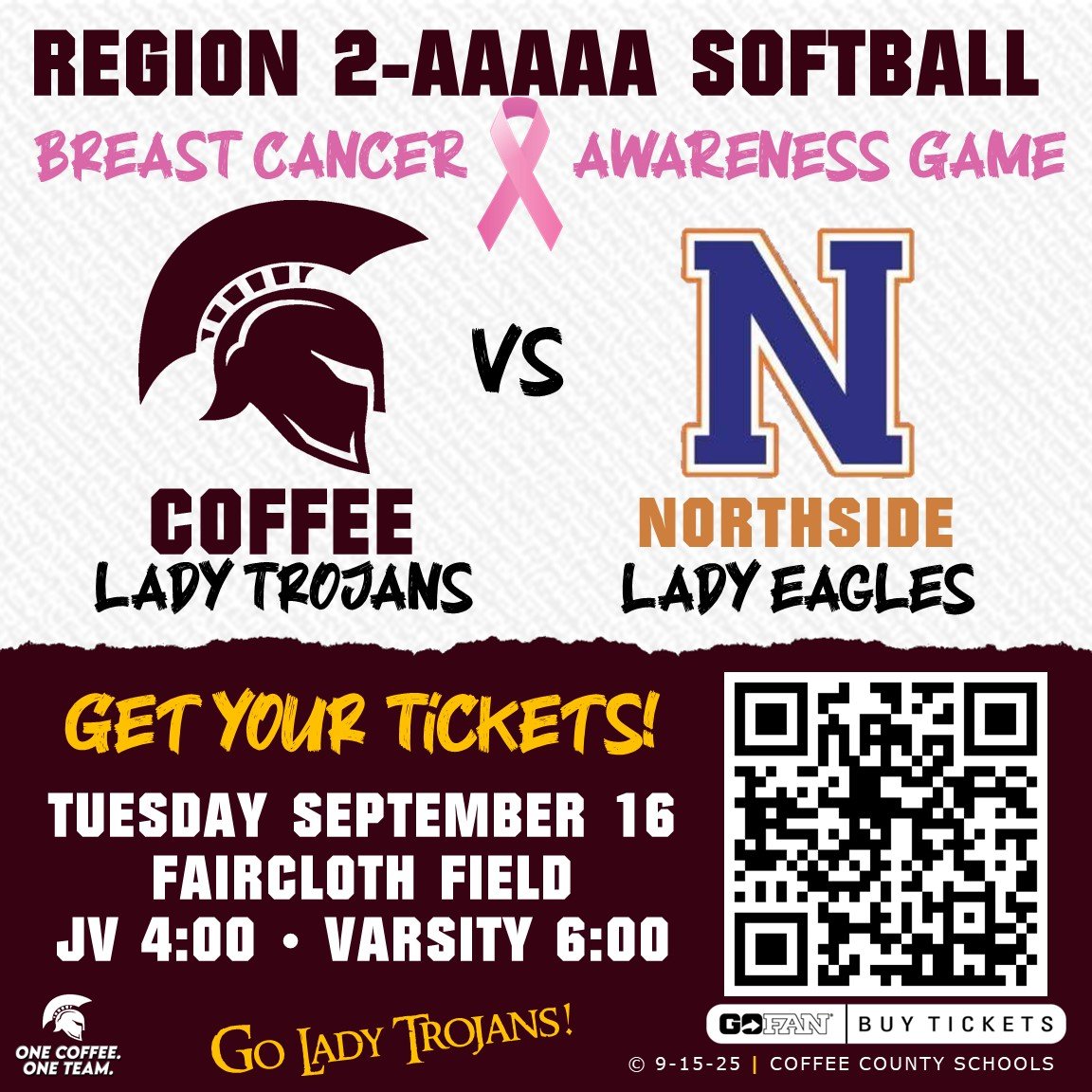 CHS Softball hosts Northside at Faircloth Field tomorrow for a JV/Varsity Doubleheader. JV starts at 4:00, followed by the varsity. It's Breast Cancer Awareness night, so wear your pink in support of this great cause while cheering on our Lady Trojans in this Region matchup!