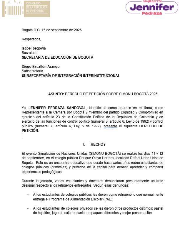 JenniferPedraz's tweet photo. ¡Inaceptable el trato discriminatorio en #SIMONU Bogotá! Las y los estudiantes merecen alimentos de calidad y reconocimiento digno frente a sus reclamos.
Envié esta solicitud pidiendo una mesa con voceros estudiantiles para garantizar que esto no se repita.
@Educacionbogota https://t.co/tASXiCRZHP