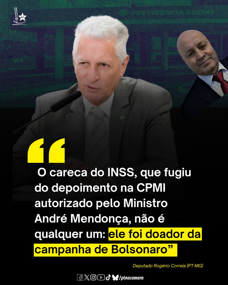 PTnaCamara's tweet image. "Medo de quê? De explicar como conseguiu abrir a porta para tantas entidades fraudulentas durante o governo Bolsonaro?", questionou o deputado @RogerioCorreia_ (PT-MG), no X.

#CPMIdoINSS #INSS #Aposentados #pensionistas #GovernoLula #PT #PTnaCâmara