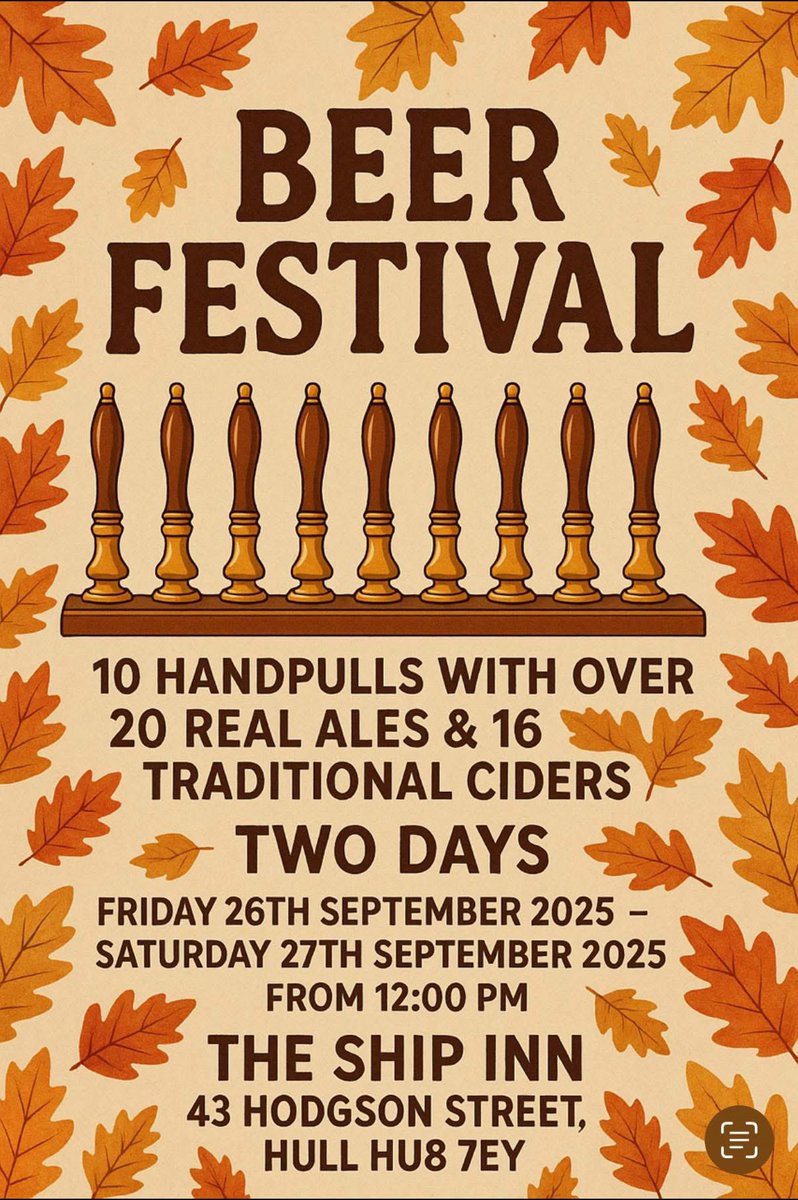 Our Autumn Beer Festival is nearly here at The Ship Inn, 43 Hodgson Street, Hull! 🎉

👉 10 handpulls
👉 Over 20 real ales
👉 16 traditional ciders
👉 2 days of proper pub atmosphere 🍻

📅 Friday 26th – Saturday 27th September 2025
⏰ From 12:00 pm both days <a href="/HullCAMRA/">Hull & EY CAMRA</a>