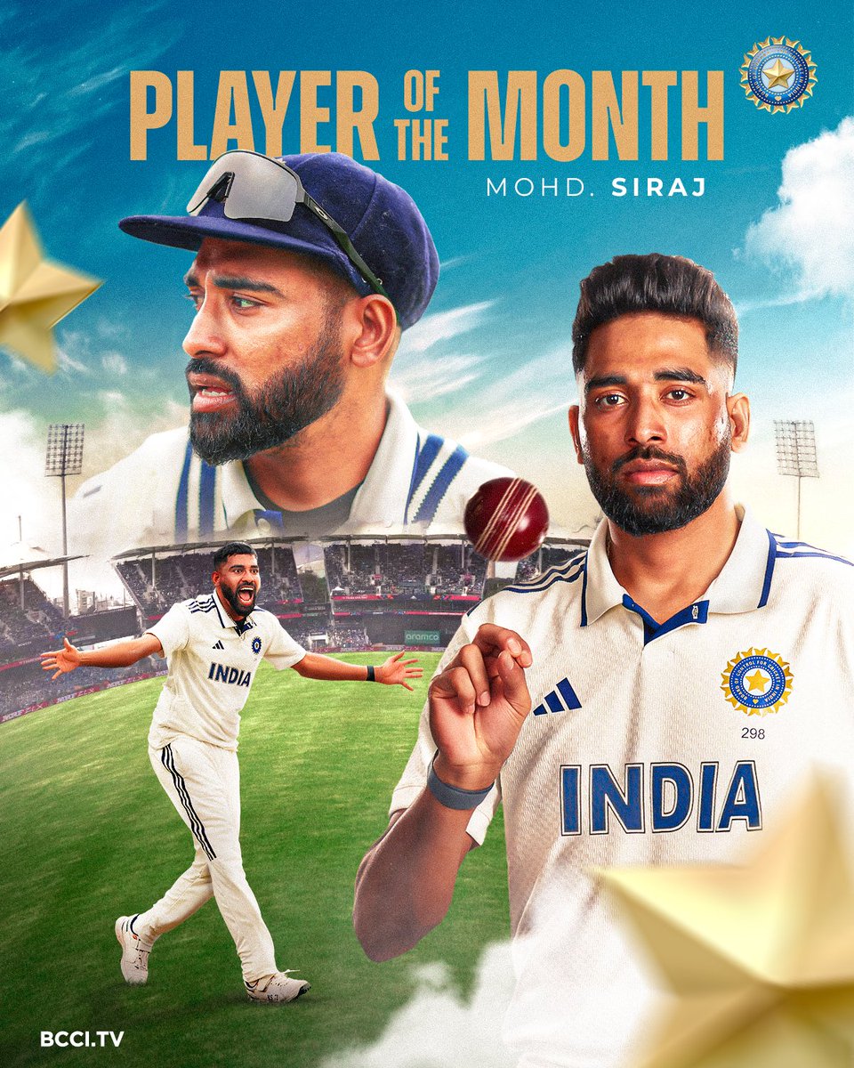 kishori9721's tweet image. Say hello 🤗 to the ICC Men&apos;s Player of the Month for August 2025! 🔝

Congratulations, Mohammed Siraj 👏👏
#Mohmmadsiraj