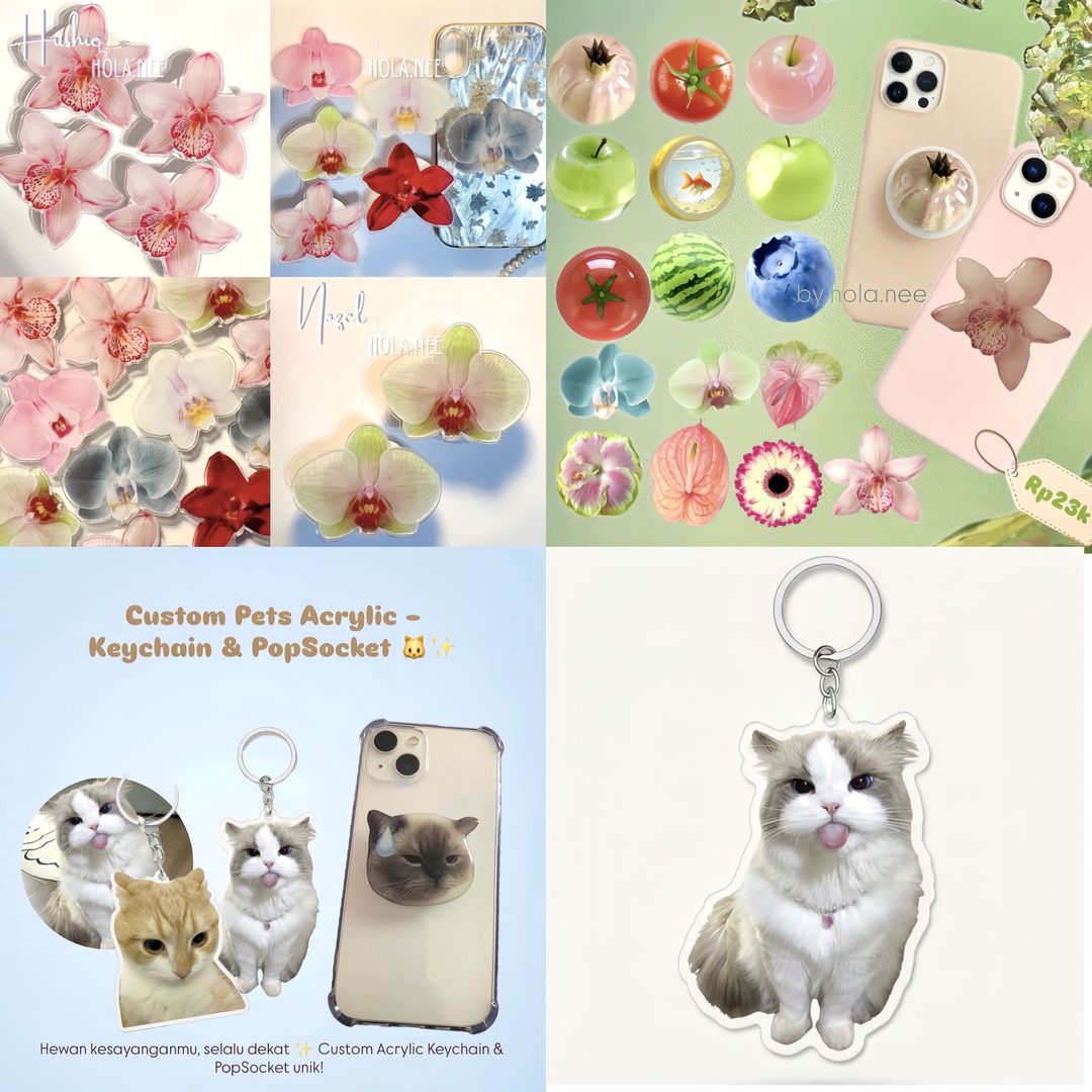 sells !🍅
PO popsocket &amp; keychain acrylic 🌸🍅🐾

🌸 pops orchid &amp; buah start 18k
🐾 custom pets: keychain 5×5 17,5k
🐾 custom pops (5,5×5,5) 25k
⏳ est 8–15 hari

masih ada banyak pilihan lain!🩷

drop ur @ 🫶 (holanee_)
૮₍｡╹ᴗ╹｡₎ა ♡