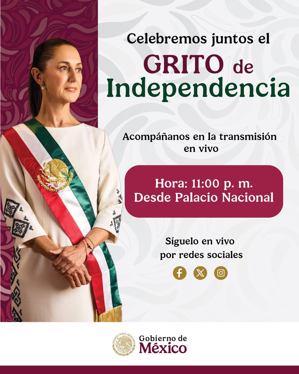 Esta noche México vivirá un hecho histórico: por primera vez una mujer encabezará la ceremonia del Grito de Independencia en el Zócalo de la Ciudad de México. 🇲🇽✨

👩‍💼La presidenta <a href="/Claudiashein/">Claudia Sheinbaum Pardo</a> pronunciará su primer Grito, marcando un nuevo capítulo en la vida democrática de