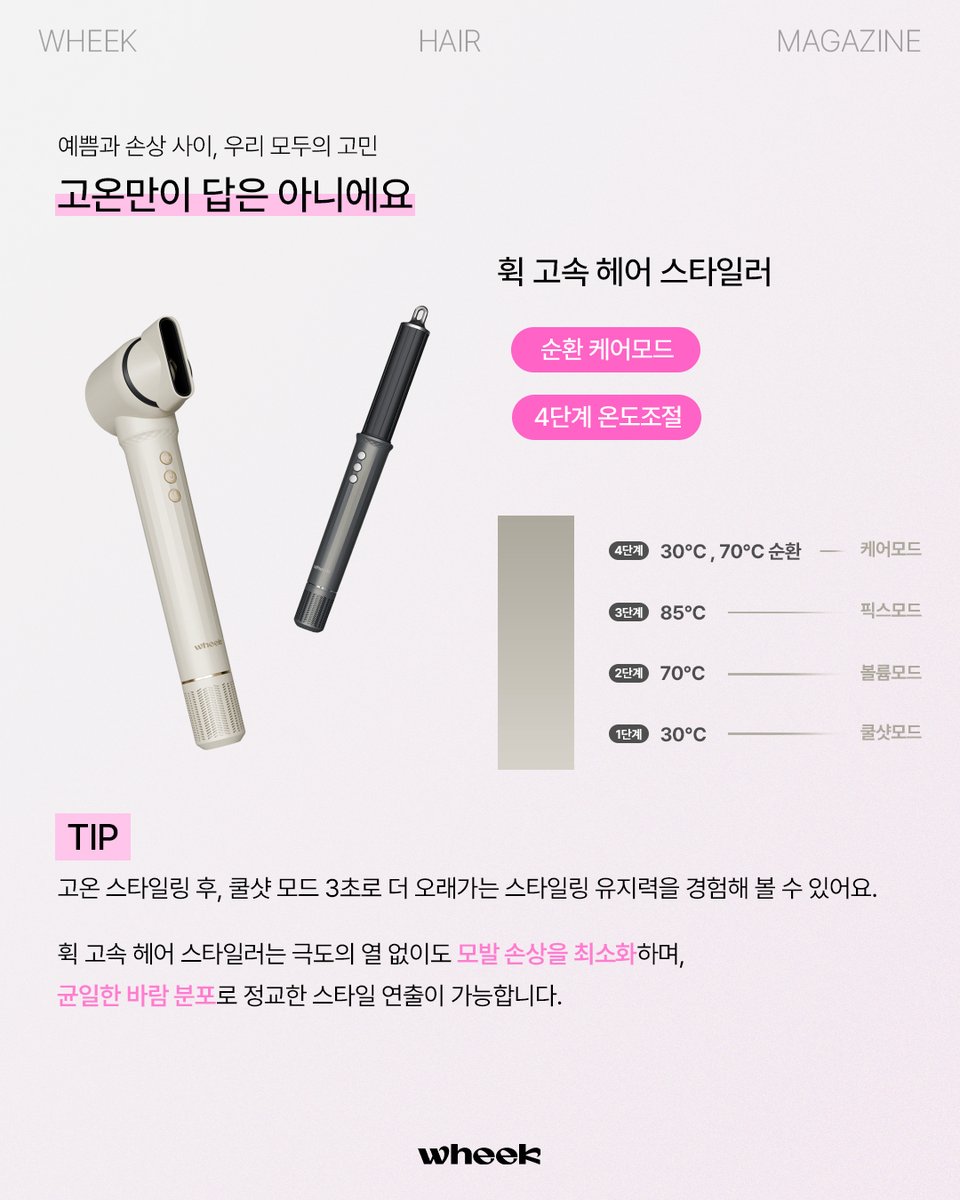 wheek_official's tweet image. 💡 휙 고속 헤어 스타일러는
과도한 고열 없이 모발 손상을 줄이고 정교한 스타일링은 물론,
은은한 케어로 머릿결에 반짝이는 윤기까지 더해줘요✨
스타일과 모발 건강, 이제 둘 다 놓치지 마세요!💕

#휙 #WHEEK #magazine #스타일링 #헤어스타일러 #드라이기추천